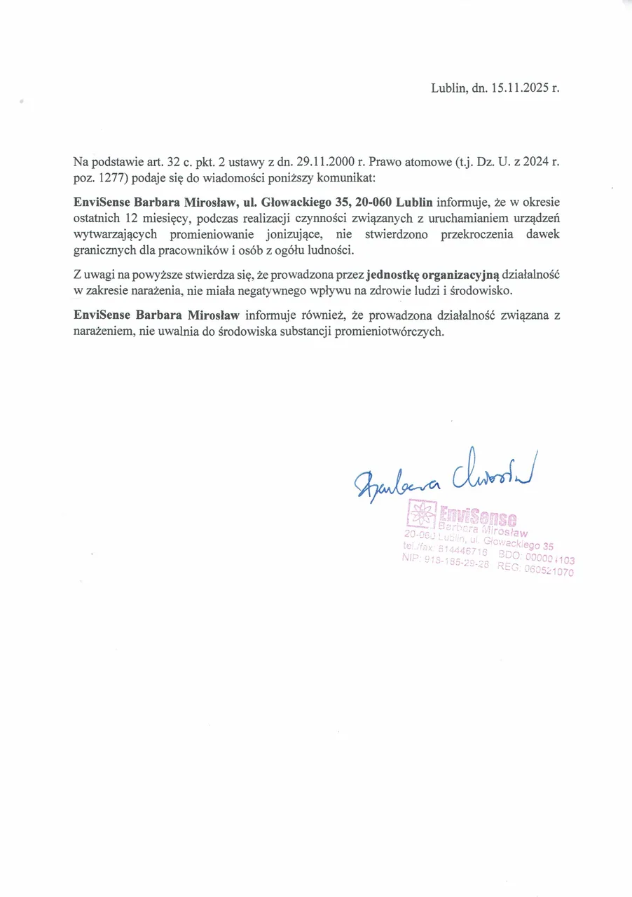 Komunikat o ochronie radiologicznej EnviSense z 15.11.2025