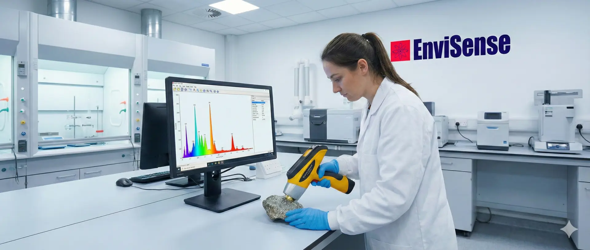 Analiza pierwiastkowa ręcznym spektrometrem XRF Skyray EXPLORER w laboratorium z widmem na monitorze
